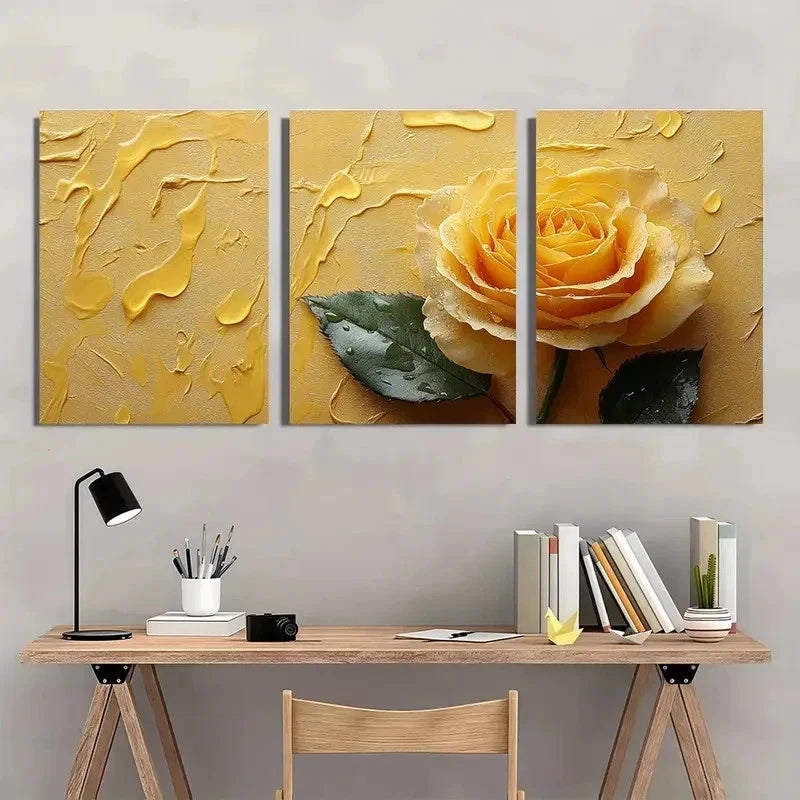 3pcs Yellow Rose Aesthetic Décor Perfect Wall Art Set Canvas Framed 50x70cm - High Quality Print 100% Australian Made Wall Canvas Ready to Hang