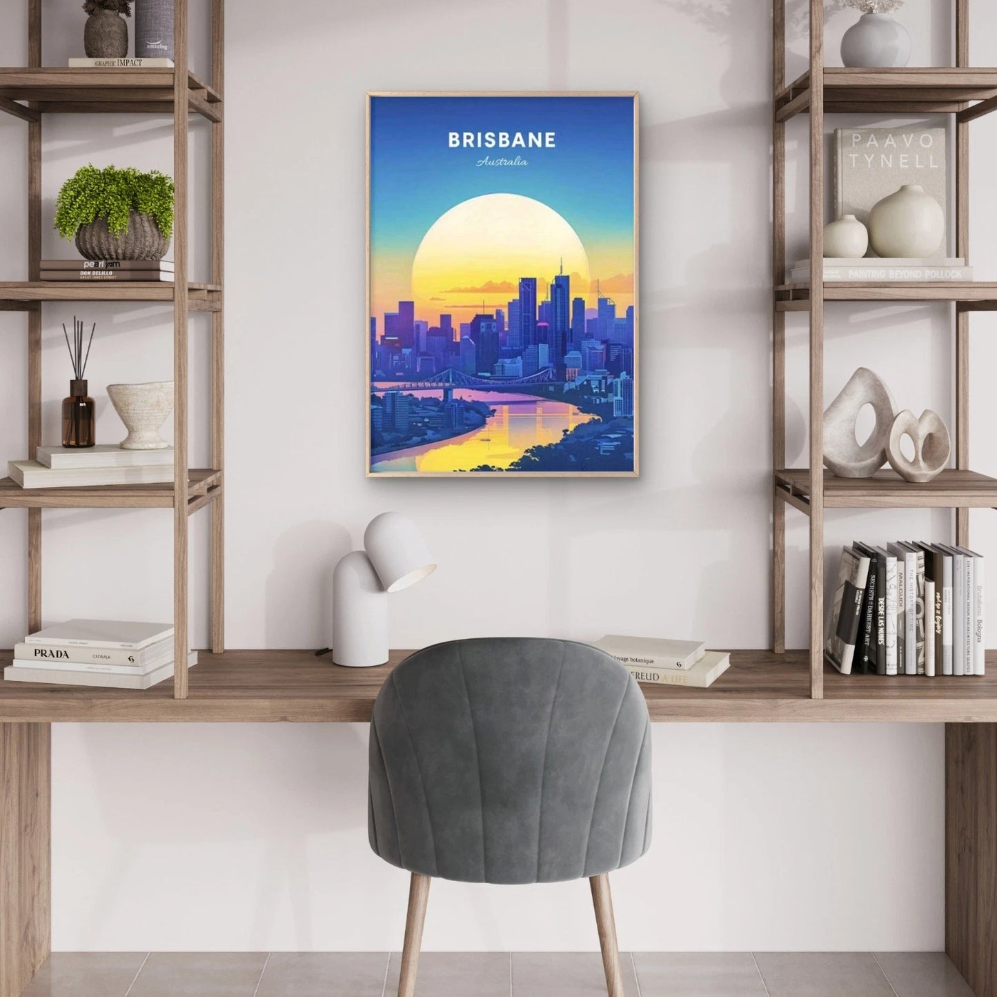 Golden Sunset Over Brisbane Skyline Travel Poster Print Wall Art - Bella Home Decor