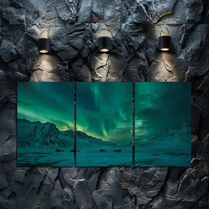 3pcs Aurora Borealis Landscape Over Svalbard Metal Print Ready to Hang Art