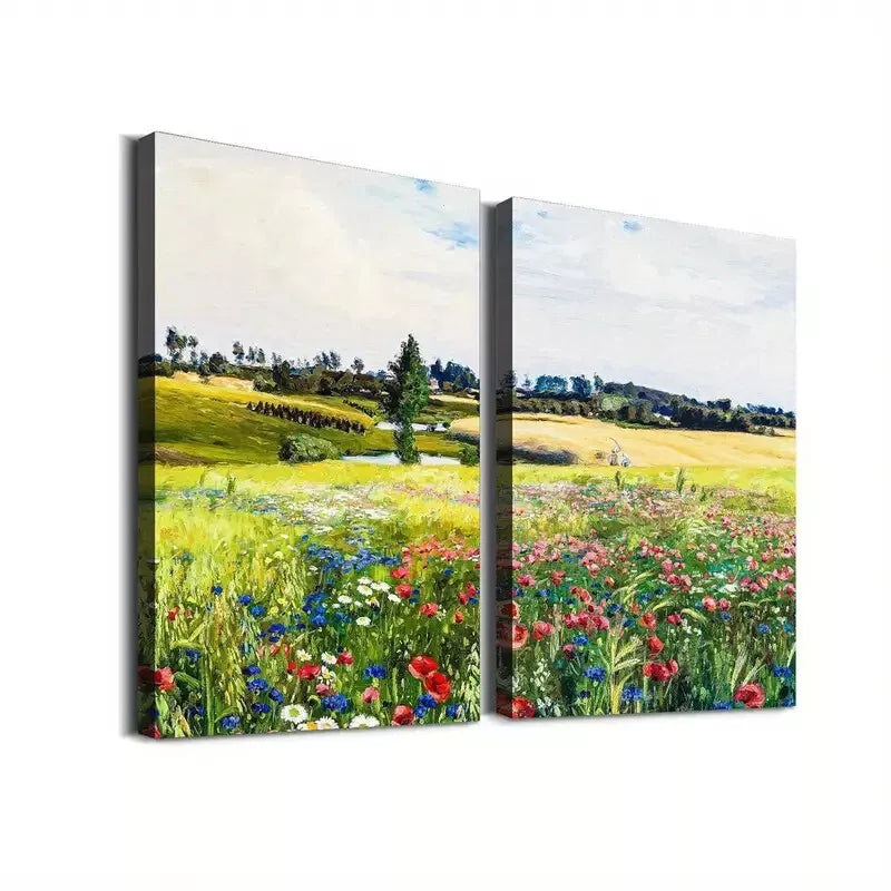2pcsVibrant Floral Landscape Meadow Framed 50x75cm - High Quality Print 100% Australian Made Wall Canvas Ready to Hang - Bella Home Decor