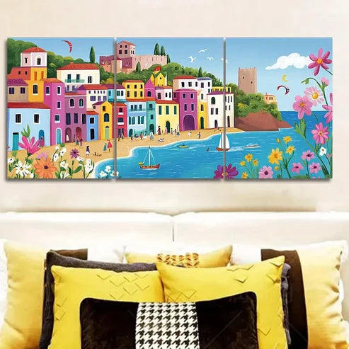 3pcs Vibrant Mediterranean Town Wall Art Canvas Unframed - High Quality Print 100% Australian Made Wall Canvas