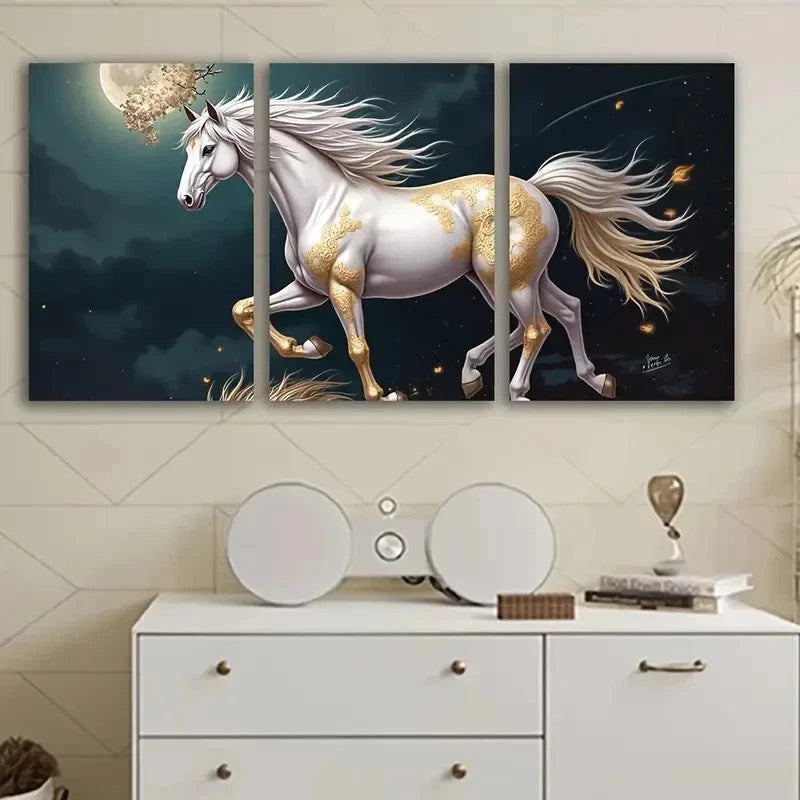 3pcs White Horse Standing Portrait Wall Art Set Canvas Framed 50x70cm - High Quality Print 100% Australian Made Wall Canvas Ready to Hang
