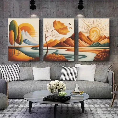 3pcs Abstract Trees Sun Decorations Paint Wall Art Canvas Unframed - High Quality Print 100% Australian Made Wall Canvas - Bella Home Decor