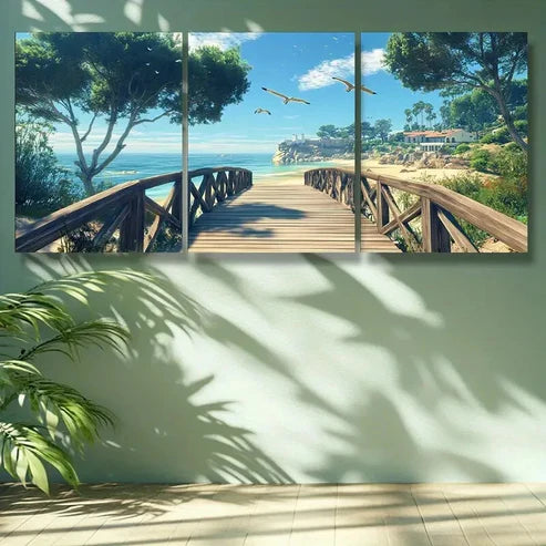3pcs Beach Scene with Wooden Bridge Palm Trees Wall Art Set Canvas Unframed - High Quality Print 100% Australian Made Wall Canvas - Bella Home Decor