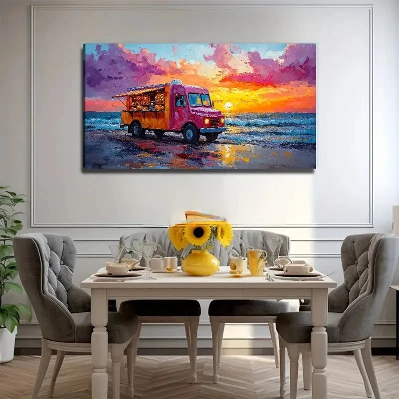 Food Truck By The Sea Wall Art Canvas Office Home Room Framed 120x60cm