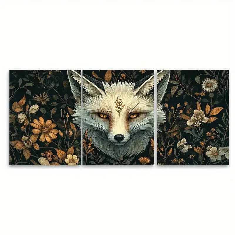 3pcs Vintage Aesthetic Floral W hite Fox Wall Art Set Canvas Framed 60x90cm - High Quality Print 100% Australian Made Wall Canvas Ready to Hang - Bella Home Decor
