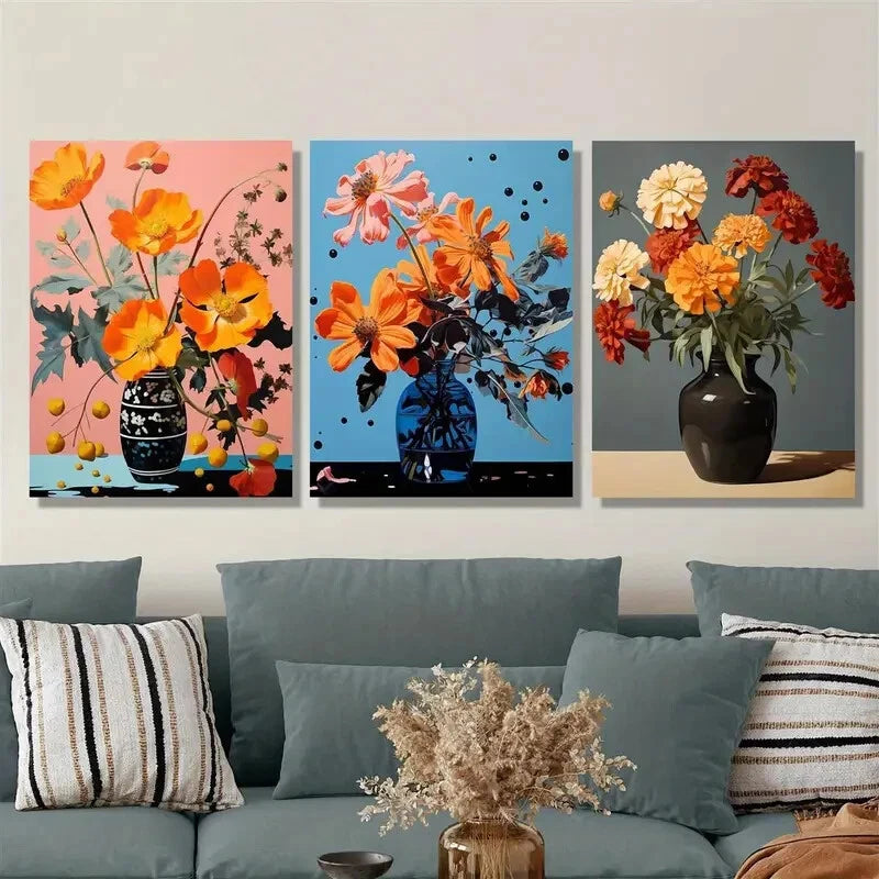 3pcs Botanical flowers, vase, minimalism Metal Print Ready to Hang Art