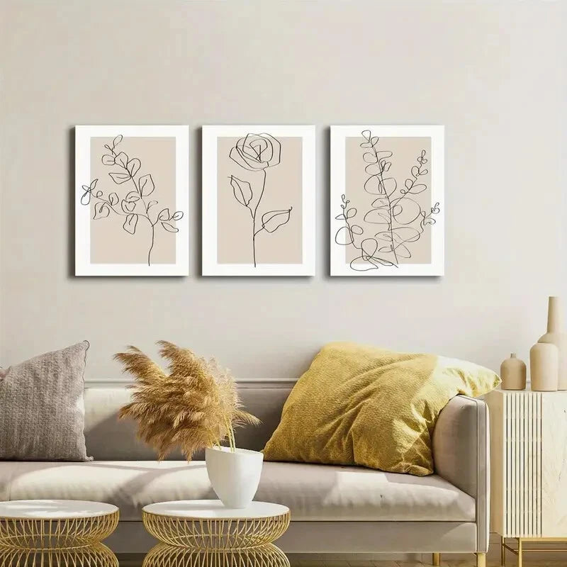 3pcs Rose Flowers, Eucalyptus Leaves Line Art Metal Print Ready to Hang Art