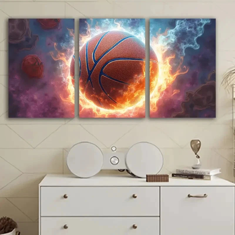 3pcs Black Flame Basketball With Fiery Design Wall Art Set Canvas Framed 50x70cm - High Quality Print 100% Australian Made Wall Canvas Ready to Hang - Bella Home Decor