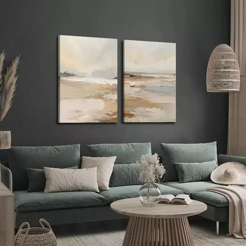 2pcs Abstract Oil Paintings of a River Beach, Retro Color Scheme Canvas Framed 50x75cm - High Quality Print 100% Australian Made Wall Canvas Ready to Hang