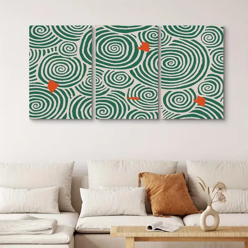 3pcs Abstract Green & Orange Geometric Metal Print Ready to Hang Art