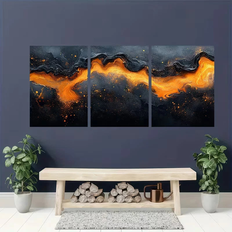 3pcs Featuring a Black And Orange Abstract Metal Print Ready to Hang Art