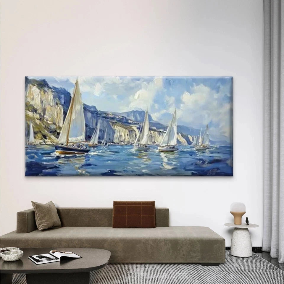 Sailboats on Sea with Cliffs Wall Art Canvas Office Home Room Framed 120x60cm