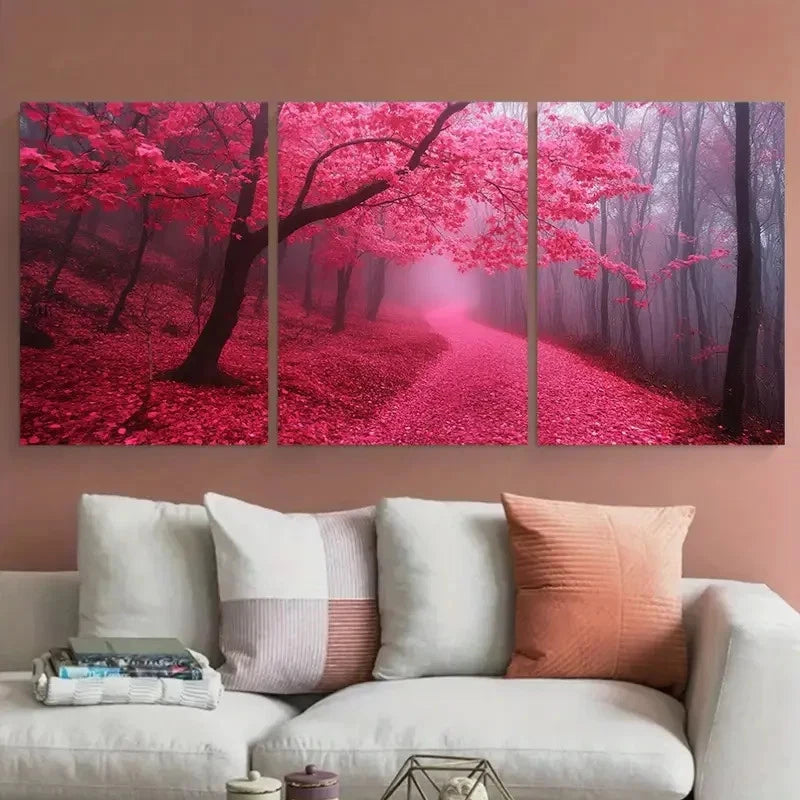 3pcs Enchanting Forest Pink and Red Misty Scene Wall Art Set Canvas Framed 40x60cm - High Quality Print 100% Australian Made Wall Canvas Ready to Hang