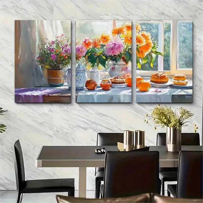3pcs Life Breakfast Scene Painting G Wall Art Set Canvas Framed 40x60cm - High Quality Print 100% Australian Made Wall Canvas Ready to Hang