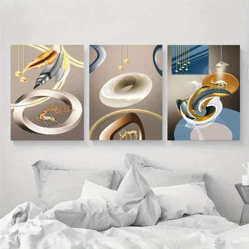 3pcs Golden Leaves, Flowers and Deer Wall Art Canvas Unframed – High Quality Print 100% Australian Made Wall Canvas - Bella Home Decor