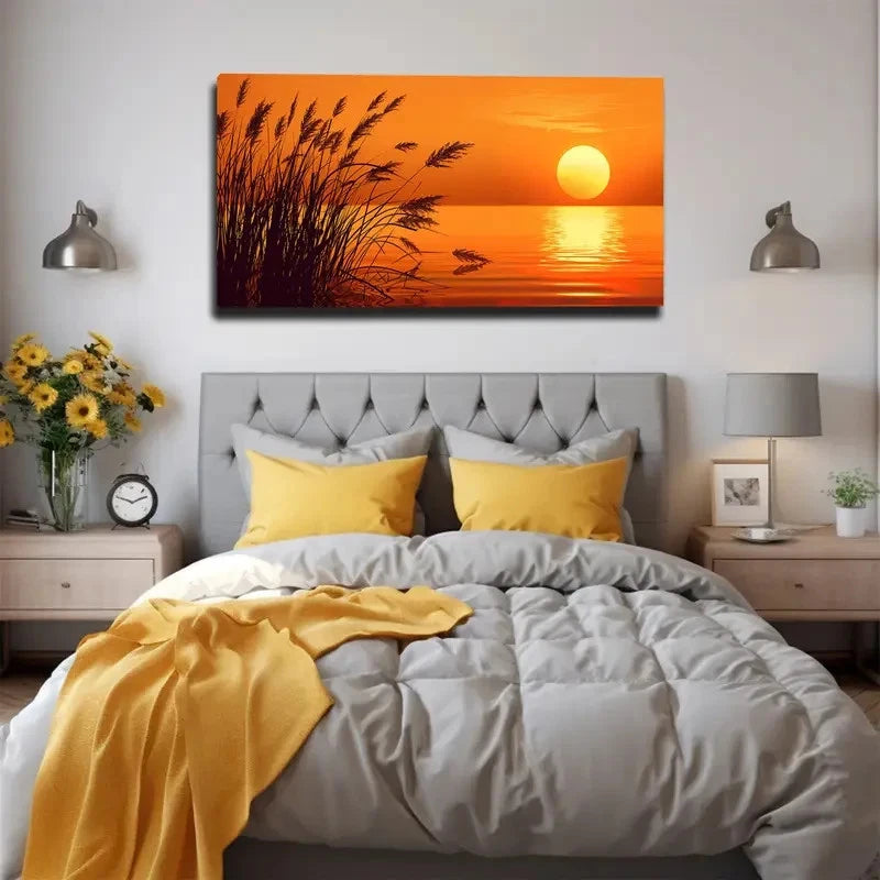 Serene Beach Reed Sunset Scene Wall Art Canvas Office Home Room Framed 120x60cm