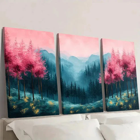 3pcs Pine Forest Artwork Pink Green DF Wall Art Set Canvas Unframed - High Quality Print 100% Australian Made Wall Canvas - Bella Home Decor