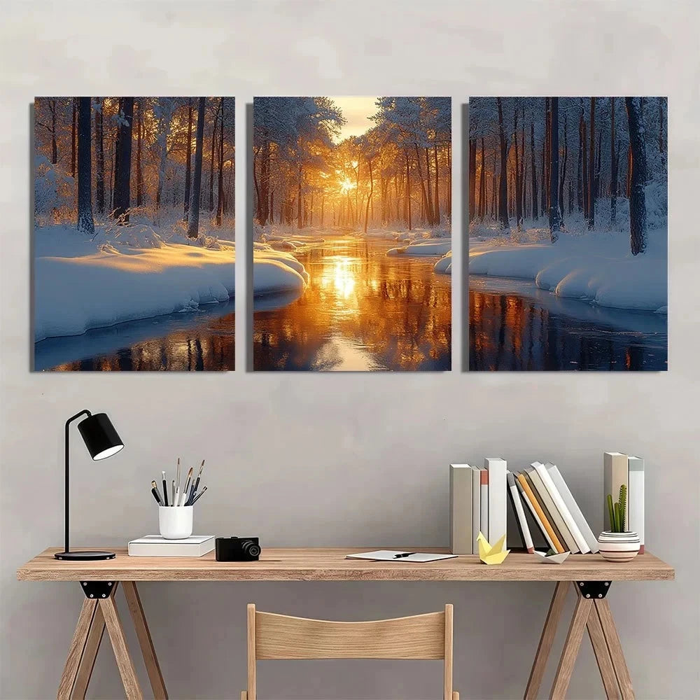 3pcs Tranquil Winter Wonderland Snowy Forest Wall Art Set Canvas Framed 60x90cm - High Quality Print 100% Australian Made Wall Canvas Ready to Hang