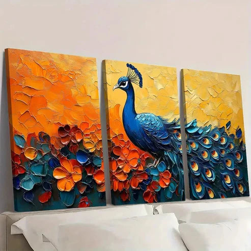 3pcs Vibrant Abstract Peacock Painting VA Wall Art Set Canvas Unframed - High Quality Print 100% Australian Made Wall Canvas