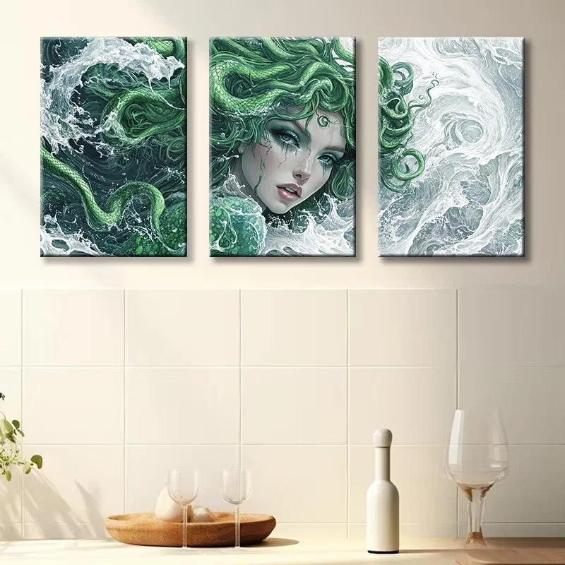 3pcs Green Beautiful Medusa Wall Art Set Canvas Framed 50x70cm - High Quality Print 100% Australian Made Wall Canvas Ready to Hang