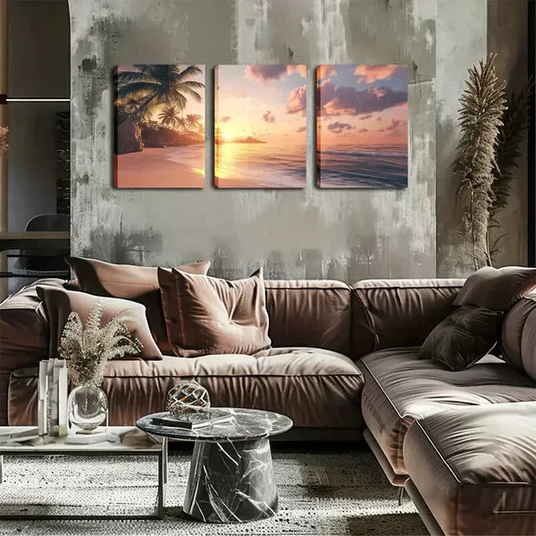 3pcs Coastal Sunset with Coconut Trees Wall Art Set Canvas Framed 60x90cm - High Quality Print 100% Australian Made Wall Canvas Ready to Hang - Bella Home Decor