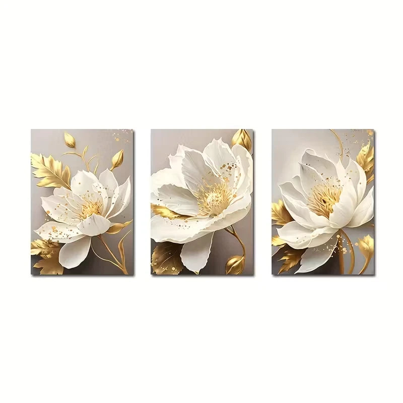 3pcs Golden Plant Flowers Artwork Metal Print Ready to Hang Art