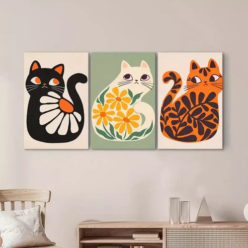3pcs Boho Wall Art Cute Cats Artwork Plant Wall Art Set Canvas Unframed - High Quality Print 100% Australian Made Wall Canvas - Bella Home Decor