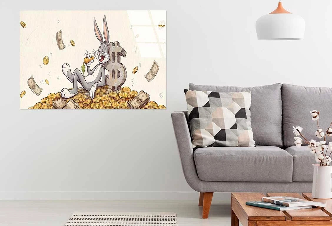 Grey Rabbit Eating Carrot Glass Printing Wall Art Australian Made Quality - Bella Home Decor