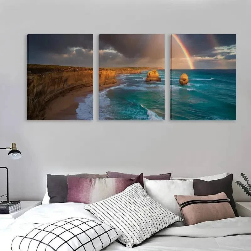 3pcs Rainbow Over Ocean Australian Beach Scene Wall Art Set Canvas Framed 60x90cm - High Quality Print 100% Australian Made Wall Canvas Ready to Hang