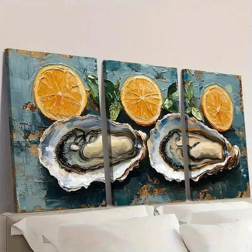 3pcs Oyster & Orange Coastal Wall Art Set Canvas Unframed - High Quality Print 100% Australian Made Wall Canvas - Bella Home Decor