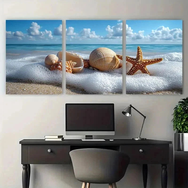 3pcs Coastal Shell And Starfish Nature Perfect Wall Art Set Canvas Framed 50x70cm - High Quality Print 100% Australian Made Wall Canvas Ready to Hang - Bella Home Decor