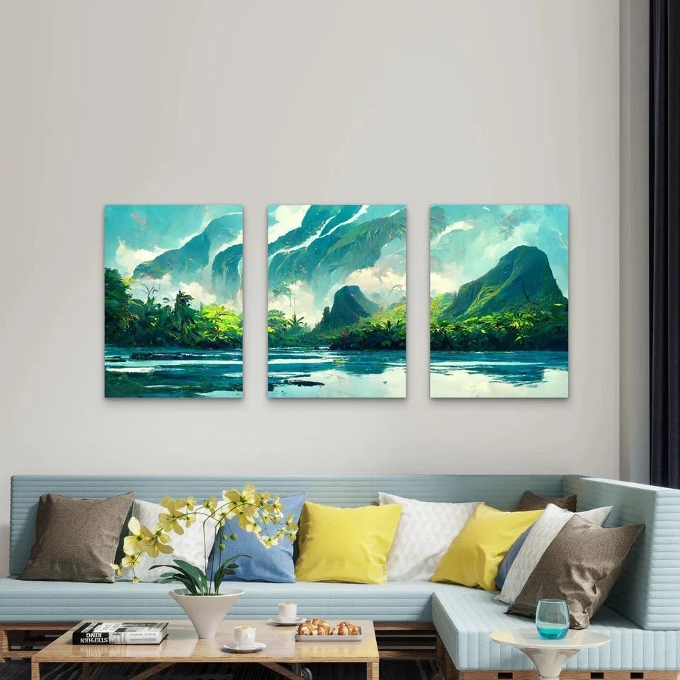 3pcs Tropical Teal Watercolor Mountain Island Wall Art Set Canvas Framed 60x90cm - High Quality Print 100% Australian Made Wall Canvas Ready to Hang - Bella Home Decor