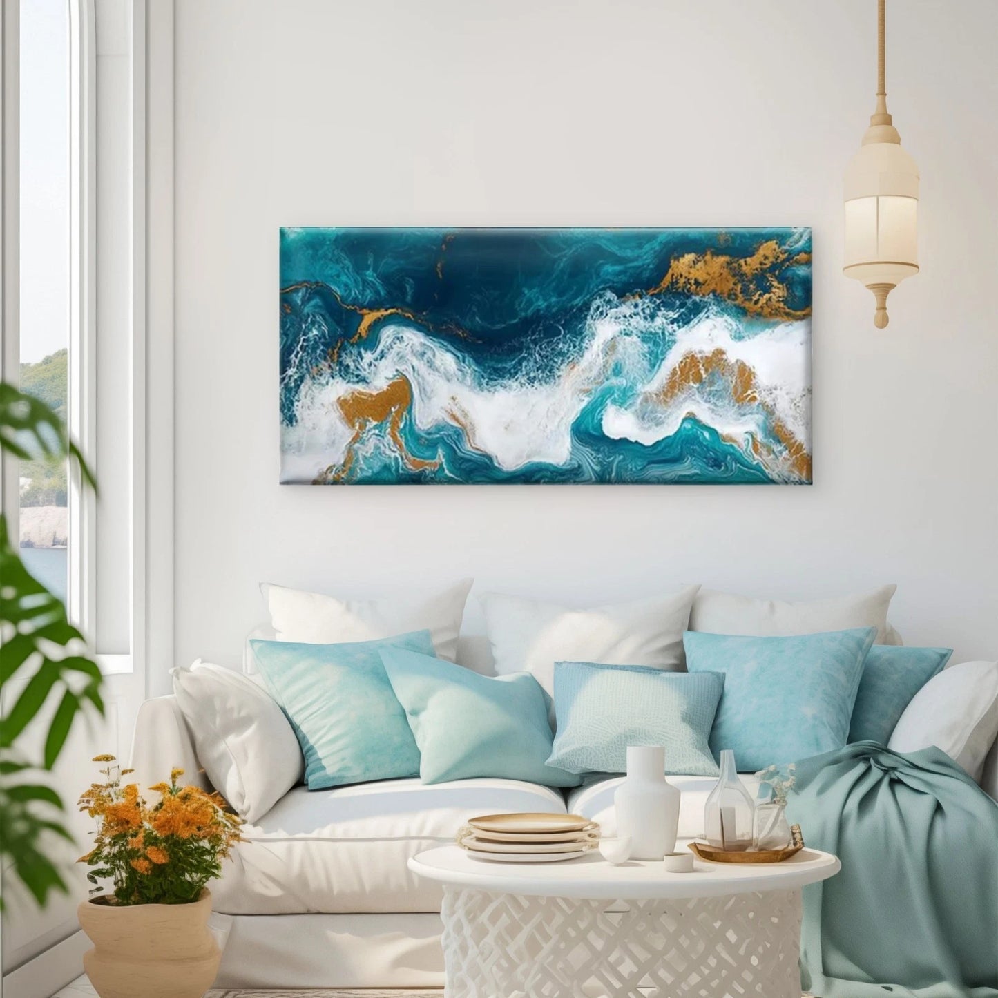 Teal Blue, Golden, White Wall Art Canvas Office Home Room Framed 120x60cm