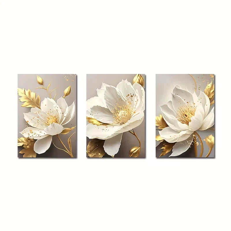 3pcs Featuring Golden Plant Flowers Metal Print Ready to Hang Art