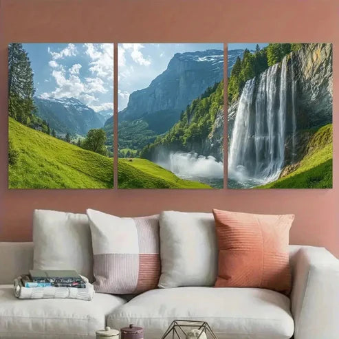 3pcs Lauterbrunnen Waterfall with Lush Greenery Wall Art Set Canvas Unframed - High Quality Print 100% Australian Made Wall Canvas