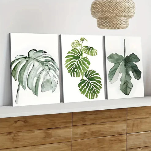 3pcs Modern Fresh Green Leaves White Light Green Wall Art Set Canvas Unframed - High Quality Print 100% Australian Made Wall Canvas