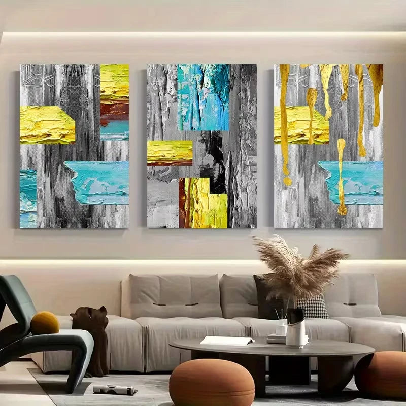 3pcs Yellow And Blue, Featuring Geometric Metal Print Ready to Hang Art