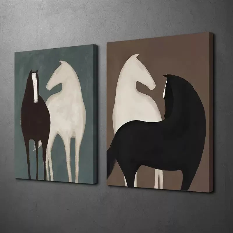 2pcs Modern Abstract Horse Duo Black & White with Teal Accents Canvas Framed 50x75cm - High Quality Print 100% Australian Made Wall Canvas Ready to Hang
