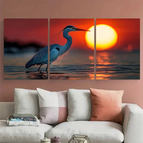 3pcs Heron in Water Sunset Illustration Wall Art Canvas Unframed - High Quality Print 100% Australian Made Wall Canvas