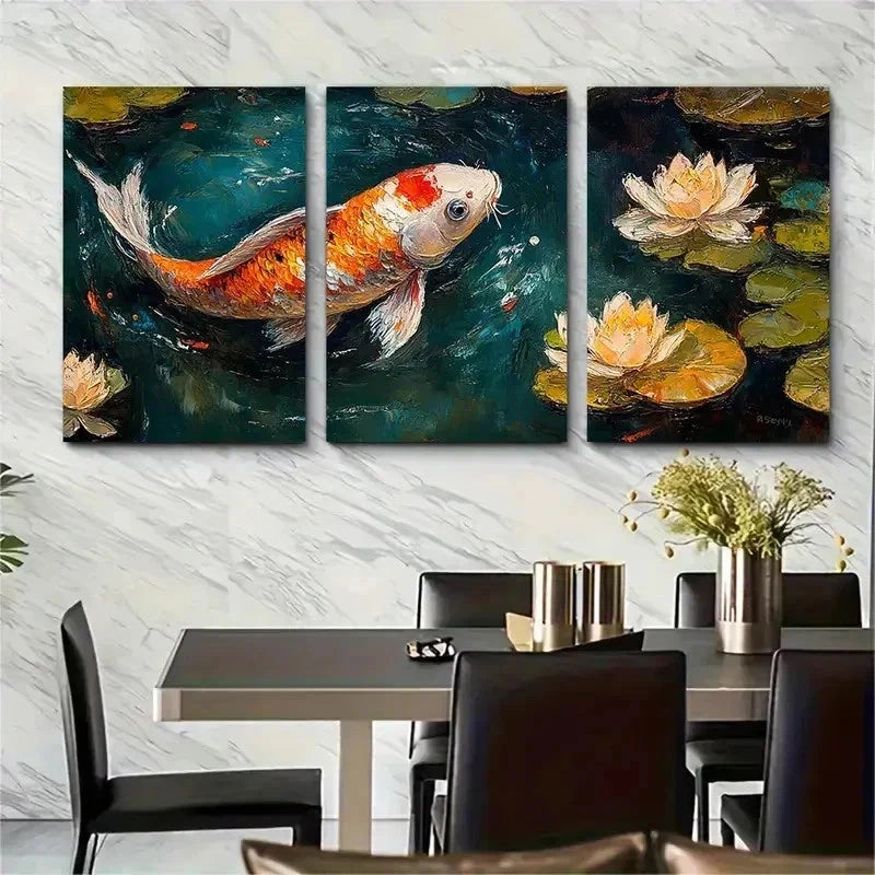 3pcs One Koi Fish T Wall Art Set Canvas Framed 60x90cm - High Quality Print 100% Australian Made Wall Canvas Ready to Hang - Bella Home Decor