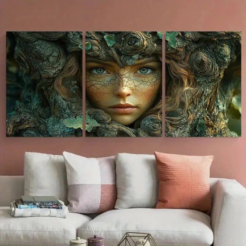 3pcs Lady Face of the Tree Illustration Wall Art Set Canvas Framed 40x60cm - High Quality Print 100% Australian Made Wall Canvas Ready to Hang