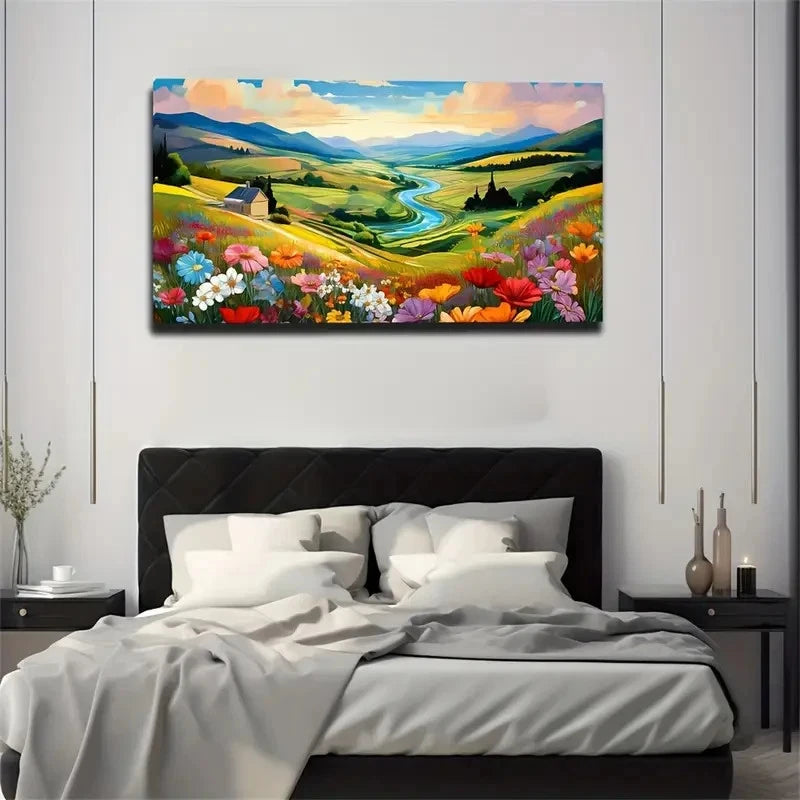 River Prairie Wildflower Nice Wall Art Canvas Office Home Room Framed 120x60cm