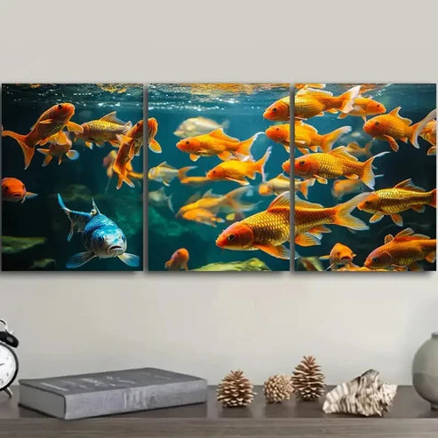 3pcs Featuring Goldfish in an Aquarium Wall Art Set Canvas Unframed - High Quality Print 100% Australian Made Wall Canvas