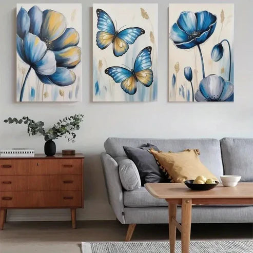 3pcs Blue Flowers & Butterflies Wall Art Canvas Unframed - High Quality Print 100% Australian Made Wall Canvas - Bella Home Decor