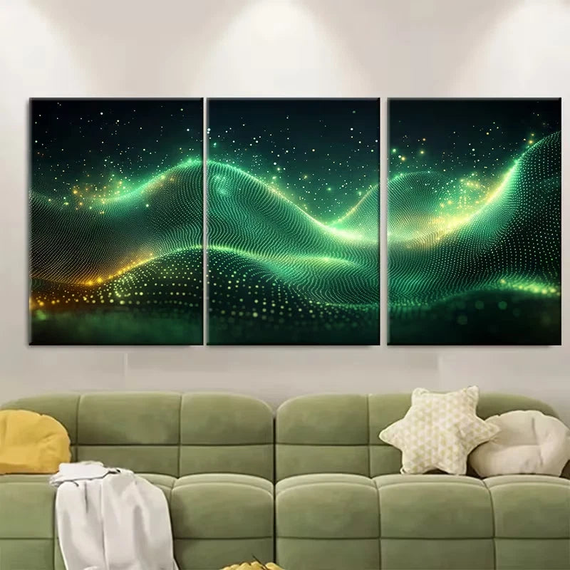3pcs Abstract Green Toned Glowing Circles Metal Print Ready to Hang Art