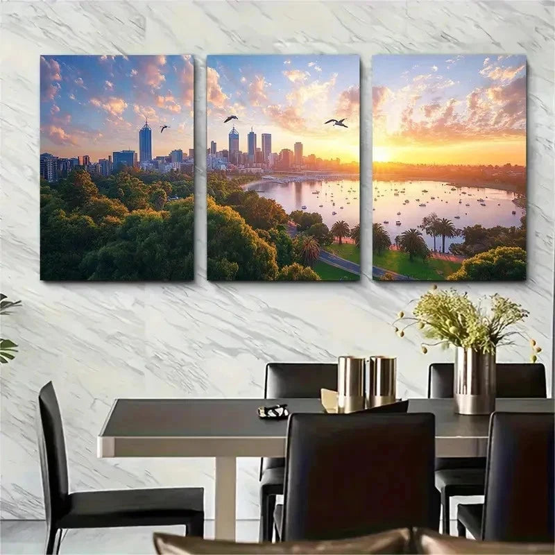 3pcs Perth Cityscape Western Australia Perfect Wall Art Set Canvas Framed 50x70cm - High Quality Print 100% Australian Made Wall Canvas Ready to Hang