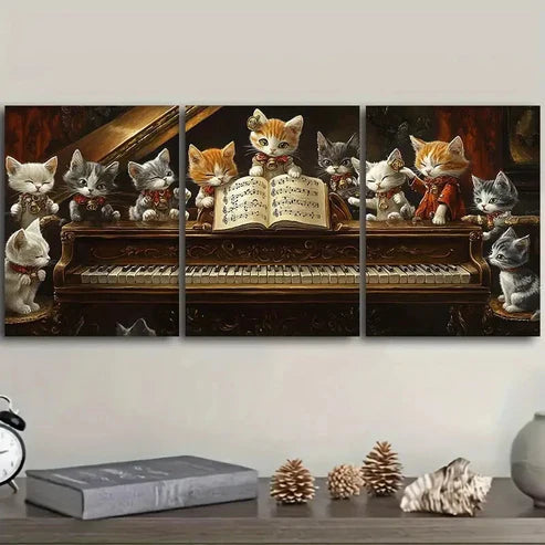 3pcs The cat on the piano Wall Art Set Canvas Unframed - High Quality Print 100% Australian Made Wall Canvas