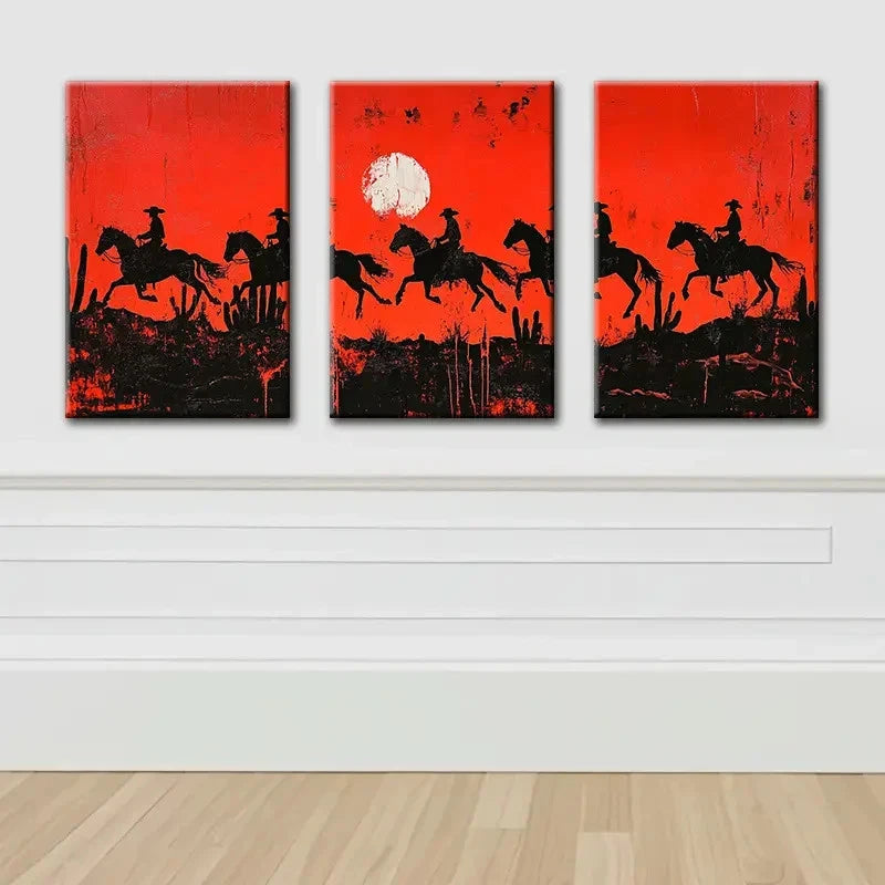 3pcs Sunset Cowboy Theme Wall Art Set Canvas Framed 40x60cm - High Quality Print 100% Australian Made Wall Canvas Ready to Hang