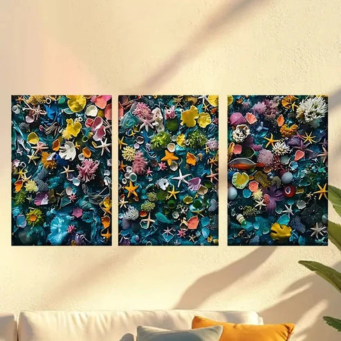 3pcs Vibrant Sea Shell and Coral Abstract Wall Art Canvas Unframed - High Quality Print 100% Australian Made Wall Canvas